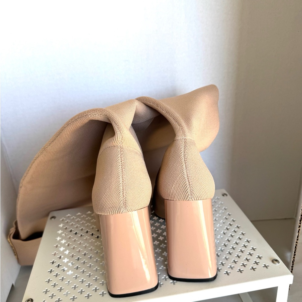 Beige Knit Stretch Thigh-High Boots Size 8 Block 4”Heel Cuffed Pull On - Picture 3 of 6